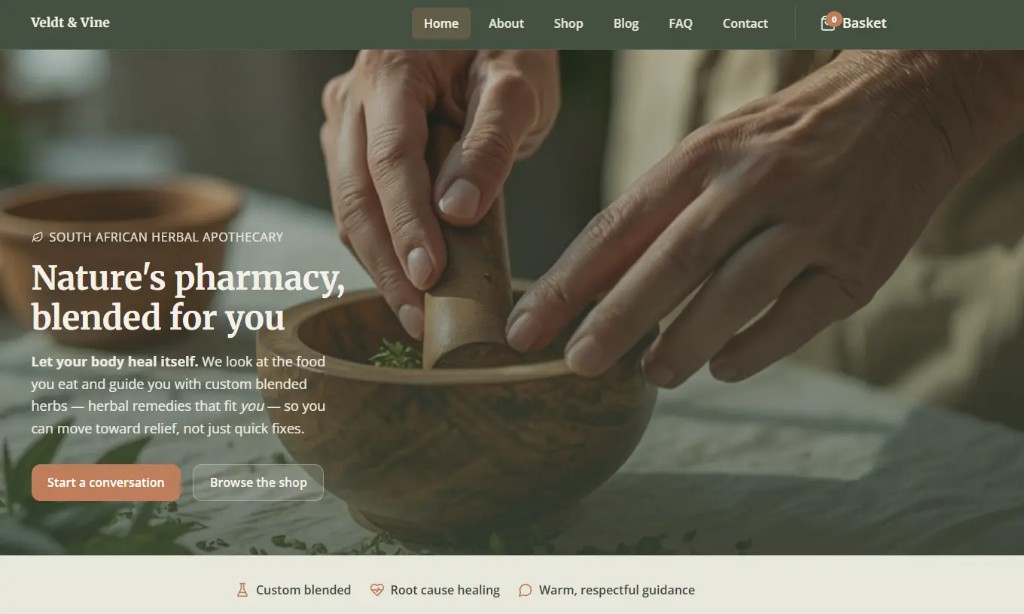 Example branded marketing website with hero imagery, navigation, and call-to-action buttons